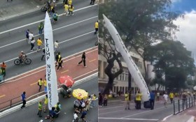 Apoiadores de Fl&aacute;vio Bolsonaro levam m&iacute;ssil infl&aacute;vel a ato na Paulista com pedido para Trump bombardear o Brasil