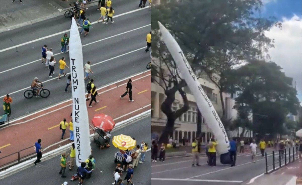 Apoiadores de Fl&aacute;vio Bolsonaro levam m&iacute;ssil infl&aacute;vel a ato na Paulista com pedido para Trump bombardear o Brasil